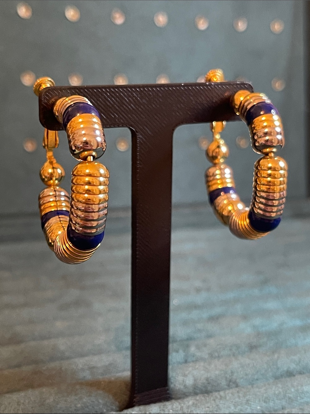 Vintage Les Bernard Ribbed Two-Tone Metal & Blue Chunky Hoop Clip On Earrings